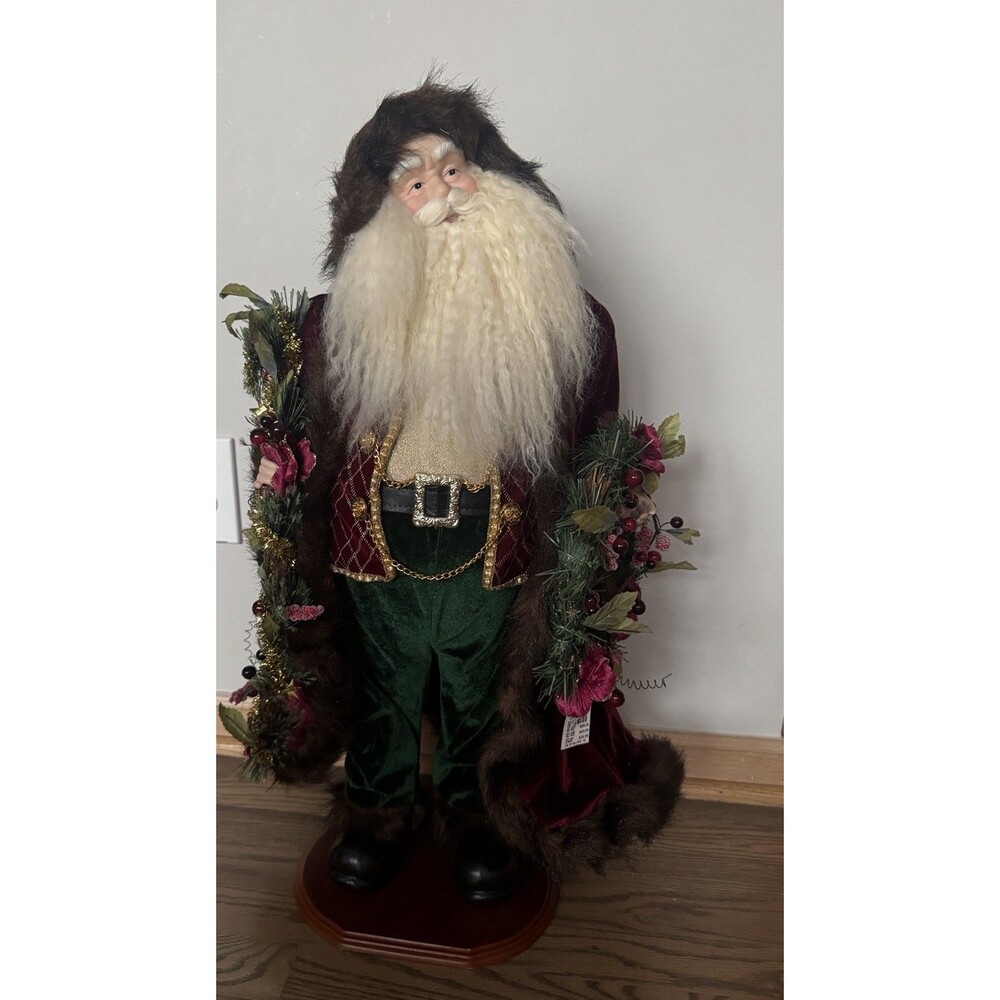 Vintage Large German Style Santa Clause‎ Burgundy Green 28" Tall Wreath Garland